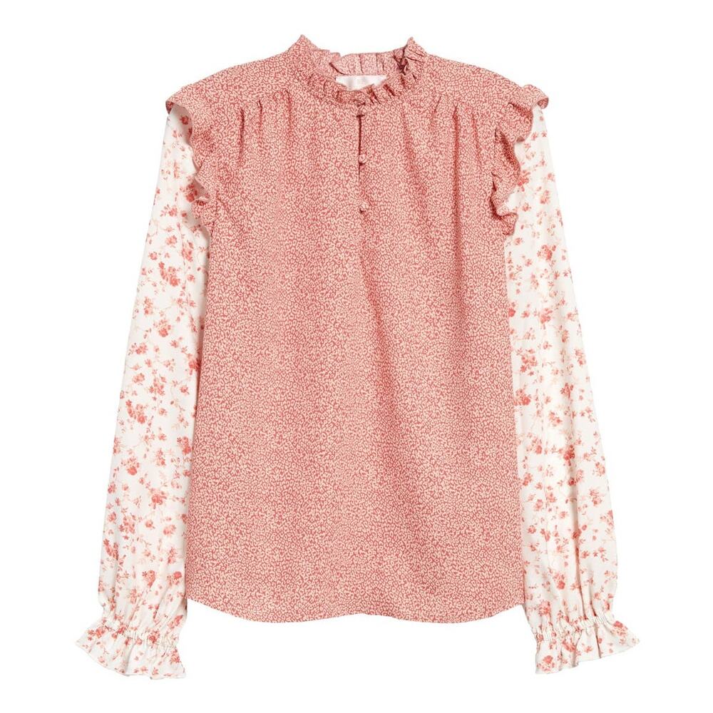 NEW Rachel Parcell Ruffle Detail Pink Floral Blouse Size Small Prairie Designer